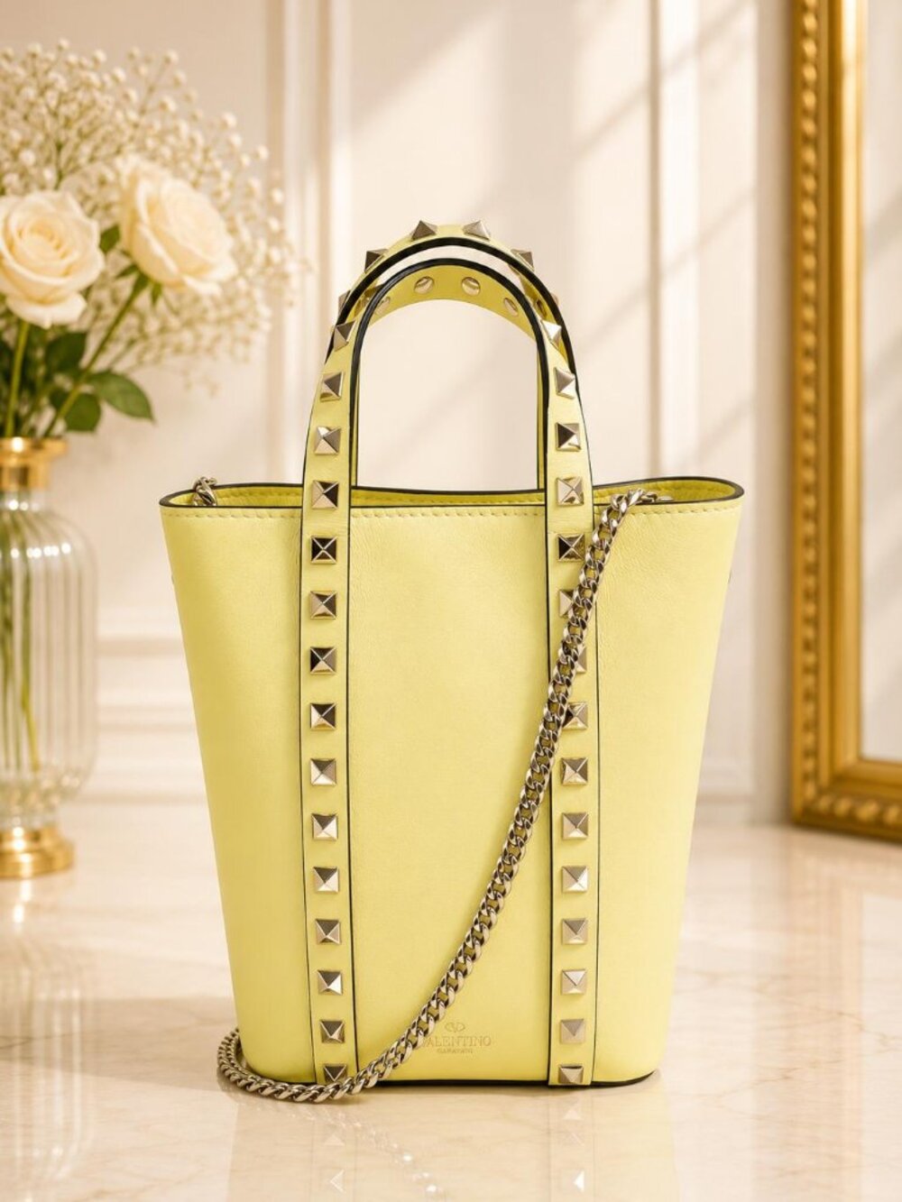 Authentic Valentino Garavani Rockstud Leather Bucket Tote Bag Yellow Crossbody